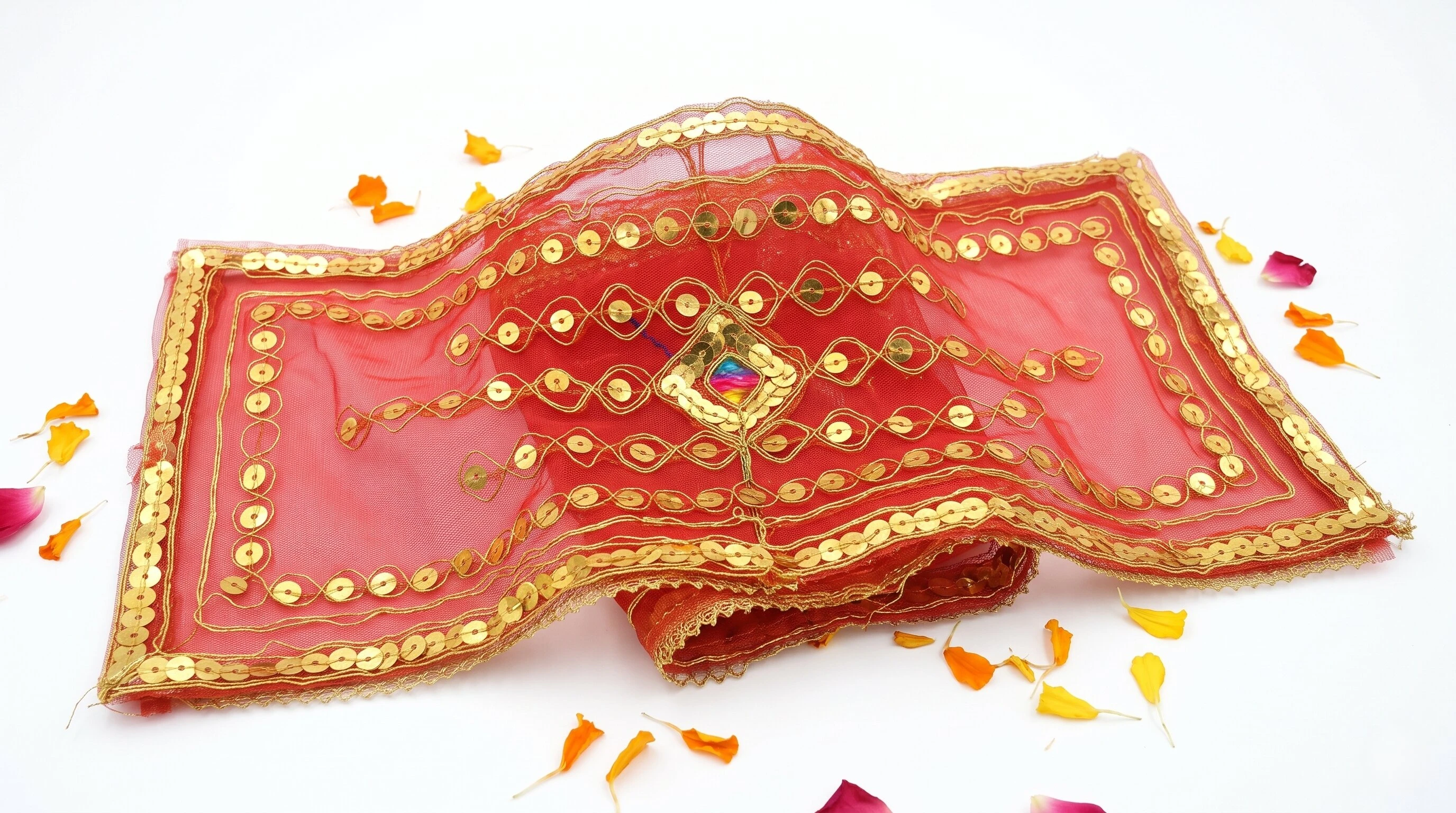 Hanumanta Mata Rani Ki Chunari (17 x 7 Inch) – Red Net Devi Maa Dupatta with Golden Sequin Work & Gota Border Laxmi Ganesh Puja - Pack of 2