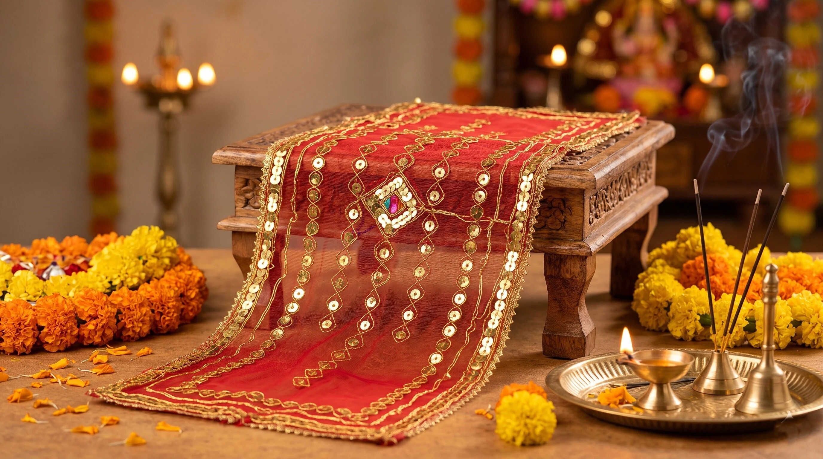 Hanumanta Mata Rani Ki Chunari (17 x 7 Inch) &ndash; Red Net Devi Maa Dupatta with Golden Sequin Work & Gota Border Laxmi Ganesh Puja - Pack of 2
