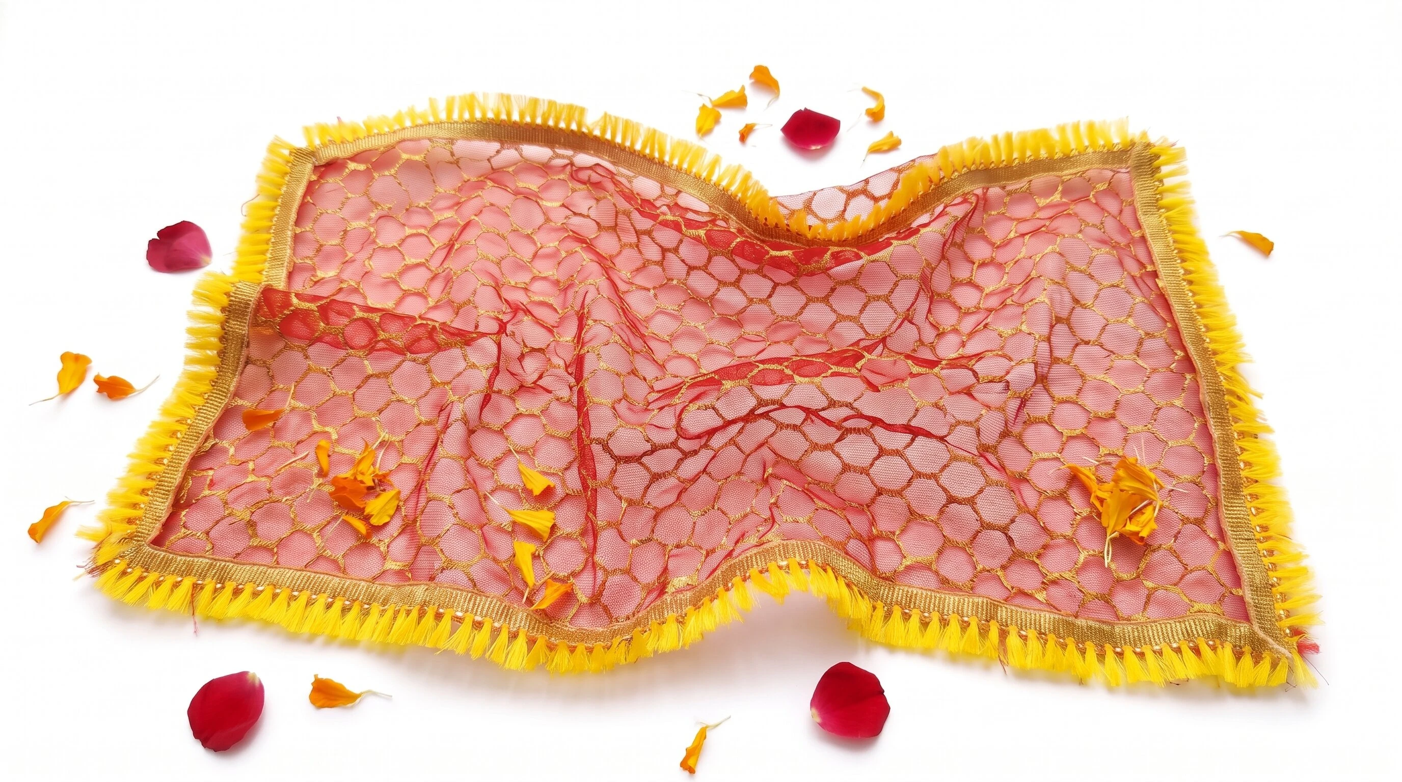 Hanumanta Mata Rani Ki Chunri (18 x 9 Inch) – Red Brocade Devi Maa Dupatta with Golden Zari Jaal & Yellow Fringe Border for Diwali Laxmi Puja & Mandir Idols - Pack of 2