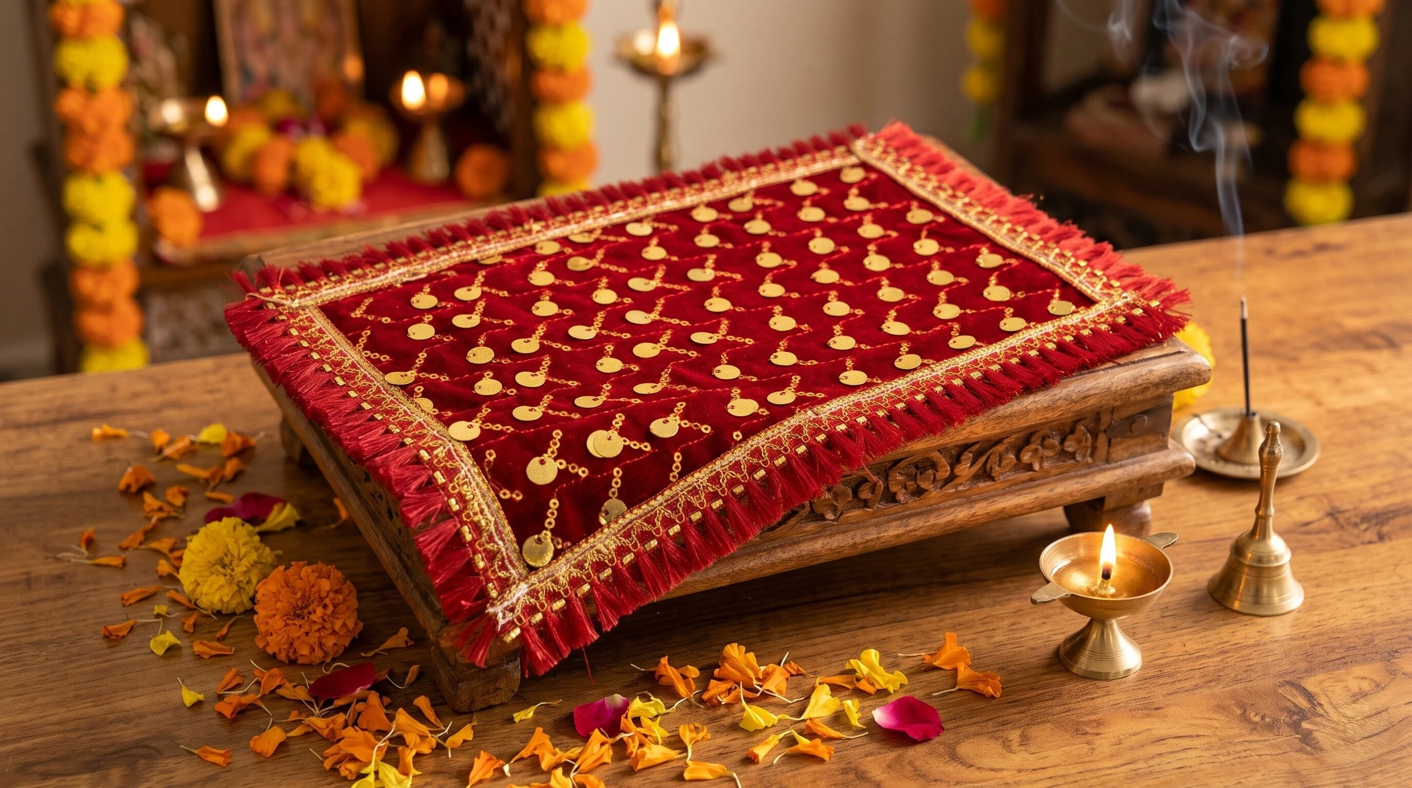 Hanumanta Red Velvet Puja Aasan Cloth for Mandir Chowki (10 &times; 6 Inch) &ndash; Golden Jari & Sequin Border Pooja Mat for God Idols & Deity Pedestal