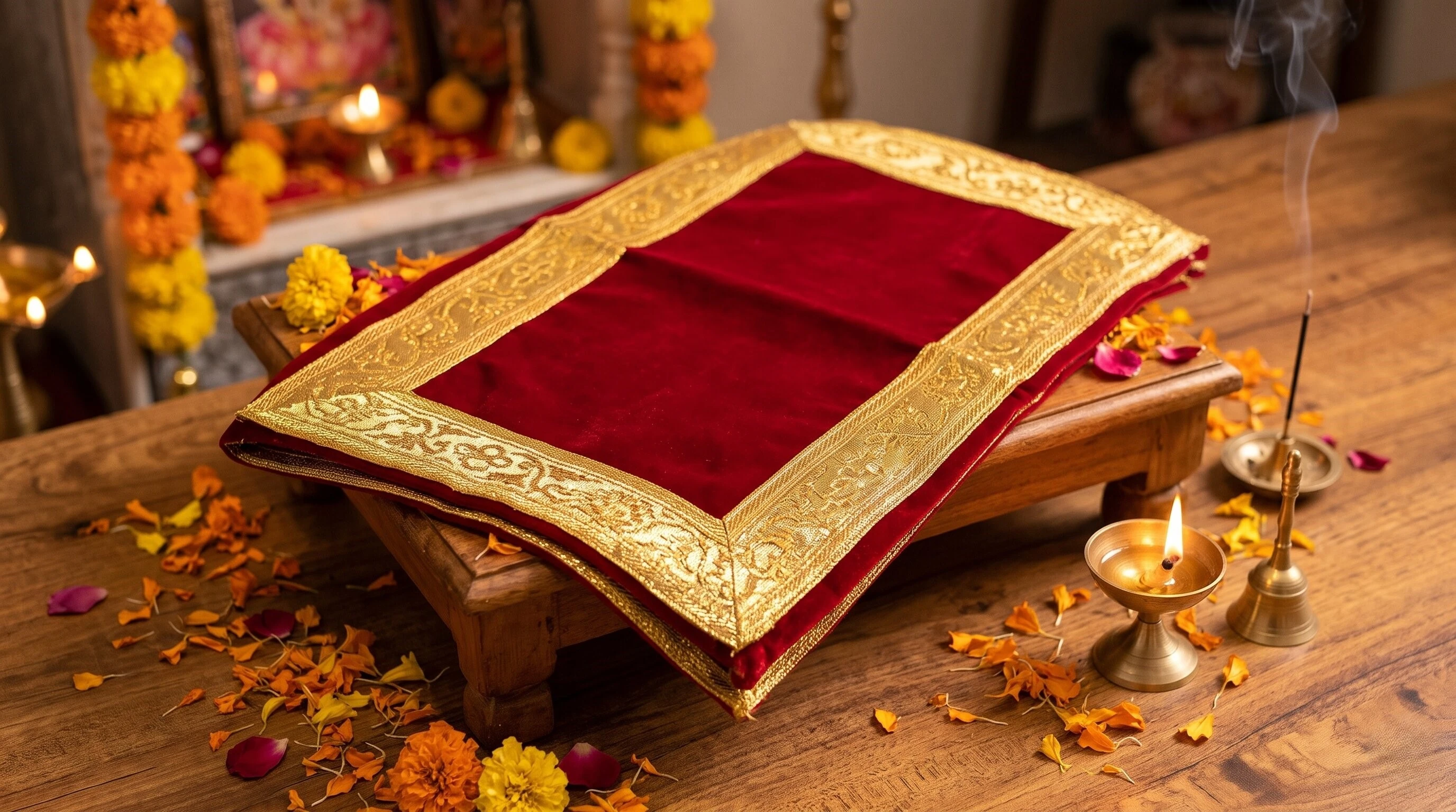 Hanumanta Red Velvet Puja Aasan Cloth for Mandir Chowki (12 &times; 7) &ndash; Traditional Golden Zari Lace Border Pooja Mat for God Idol & Bajot Altar - Pack of 2