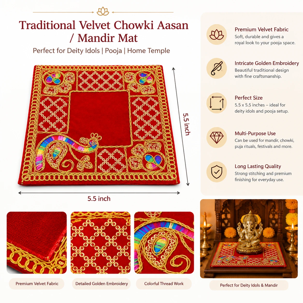 Hanumanta Traditional Velvet Chowki Aasan / Mandir Mat (5.5 x 5.5) for Deity Idols