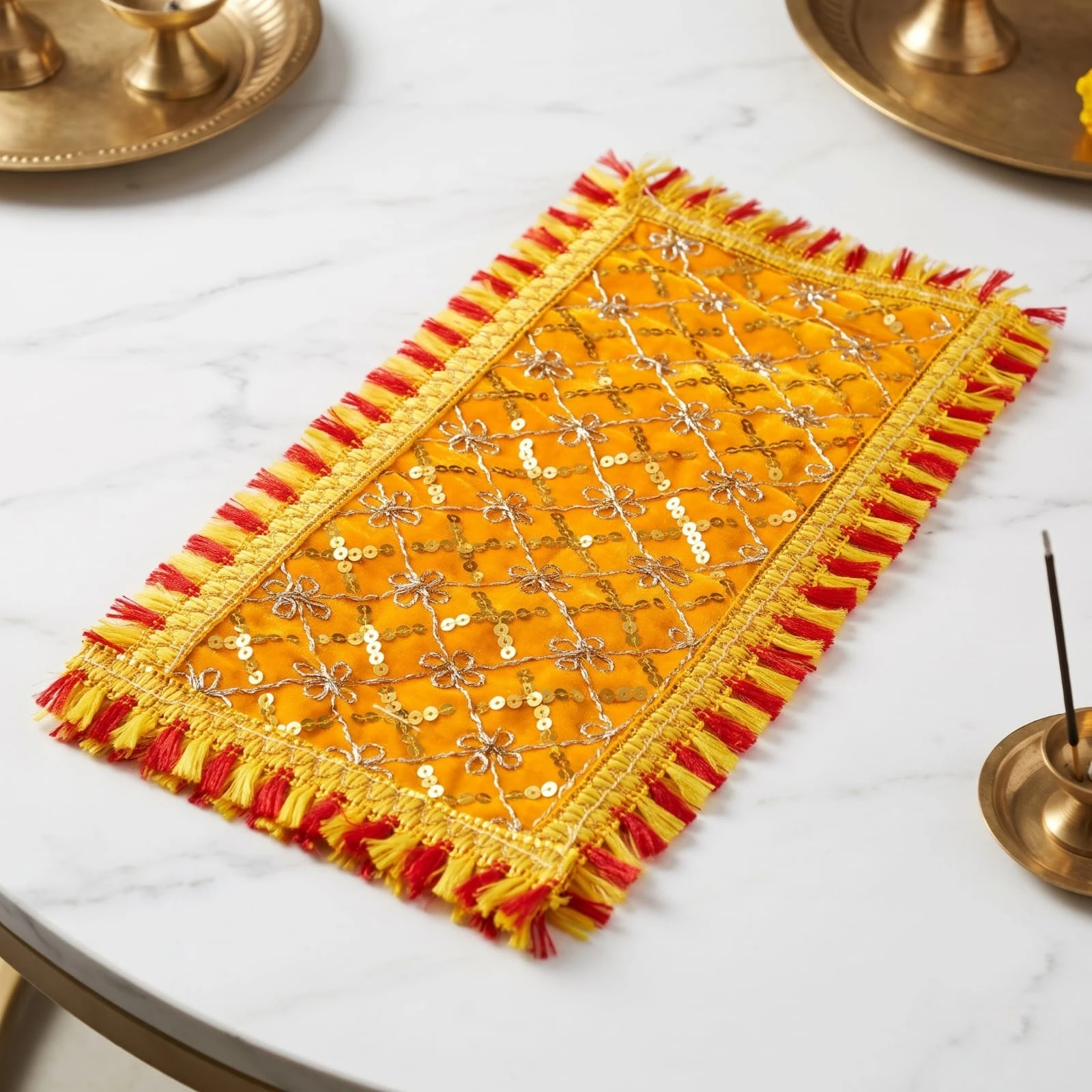 Hanumanta Yellow Velvet Mandir Altar Cloth / Deity Asan with Zari Floral Embroidery & Dual Fringe Border (13 x 6) - Pack of 2