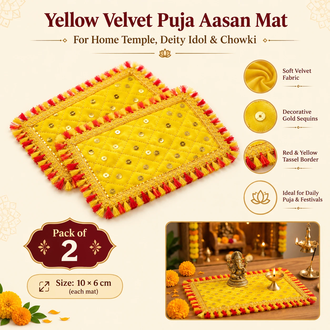 Hanumanta Yellow Velvet Puja Aasan Mat for Home Temple, Deity Idol & Chowki (10 x 6) - Pack of 2