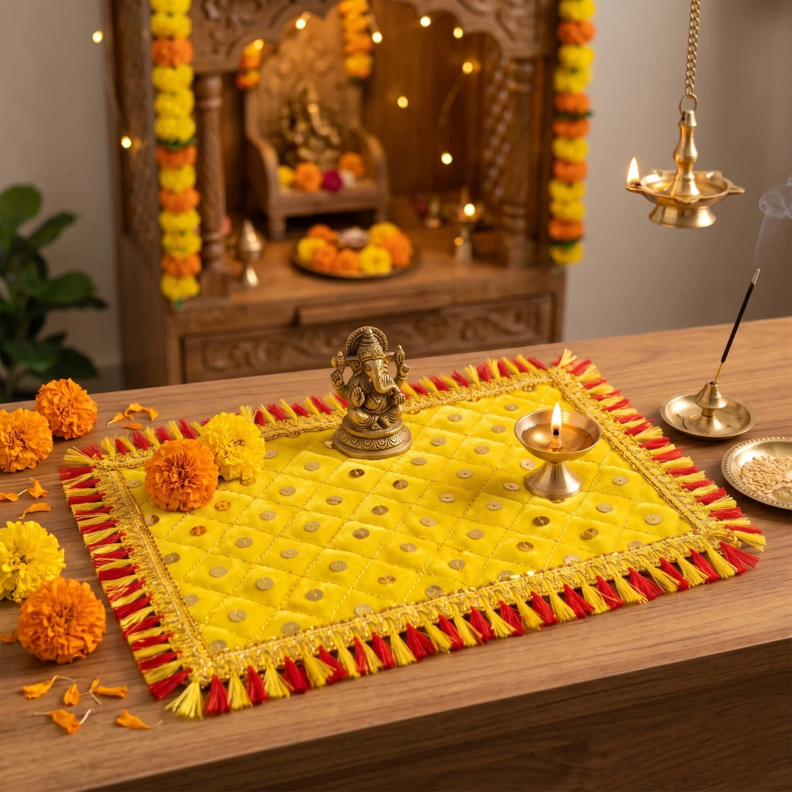 Hanumanta Yellow Velvet Puja Aasan Mat for Home Temple, Deity Idol & Chowki (10 x 6) - Pack of 2