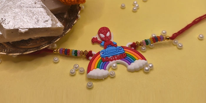 RDS Spiderman Rakhi with Rainbow Design for your Brother and Roli - Chawal