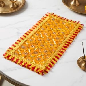 Yellow Velvet Mandir Altar Cloth / Deity Asan with Zari Floral Embroidery &amp; Dual Fringe Border (13 x 6) - Pack of 2