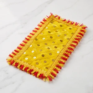 Yellow Velvet Puja Aasan Mat for Home Temple, Deity Idol &amp; Chowki (10 x 6) - Pack of 2